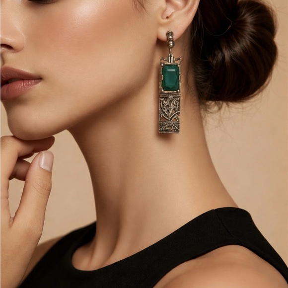 Stamped Miracle Vintage Earrings with Green Glass Stone